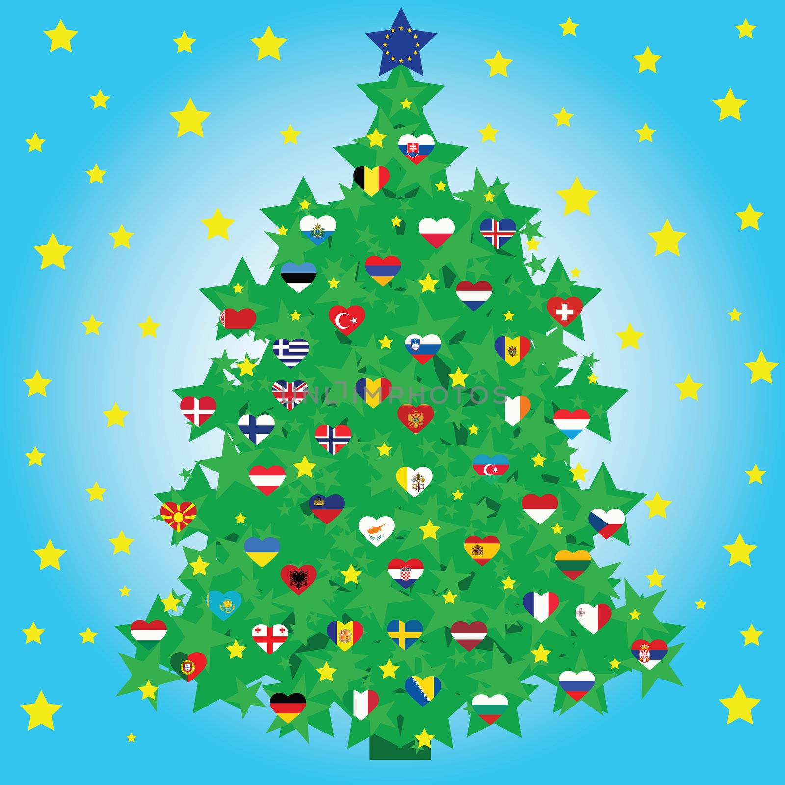 european christmas tree decorated with national heart shape flags and european union flag as a star