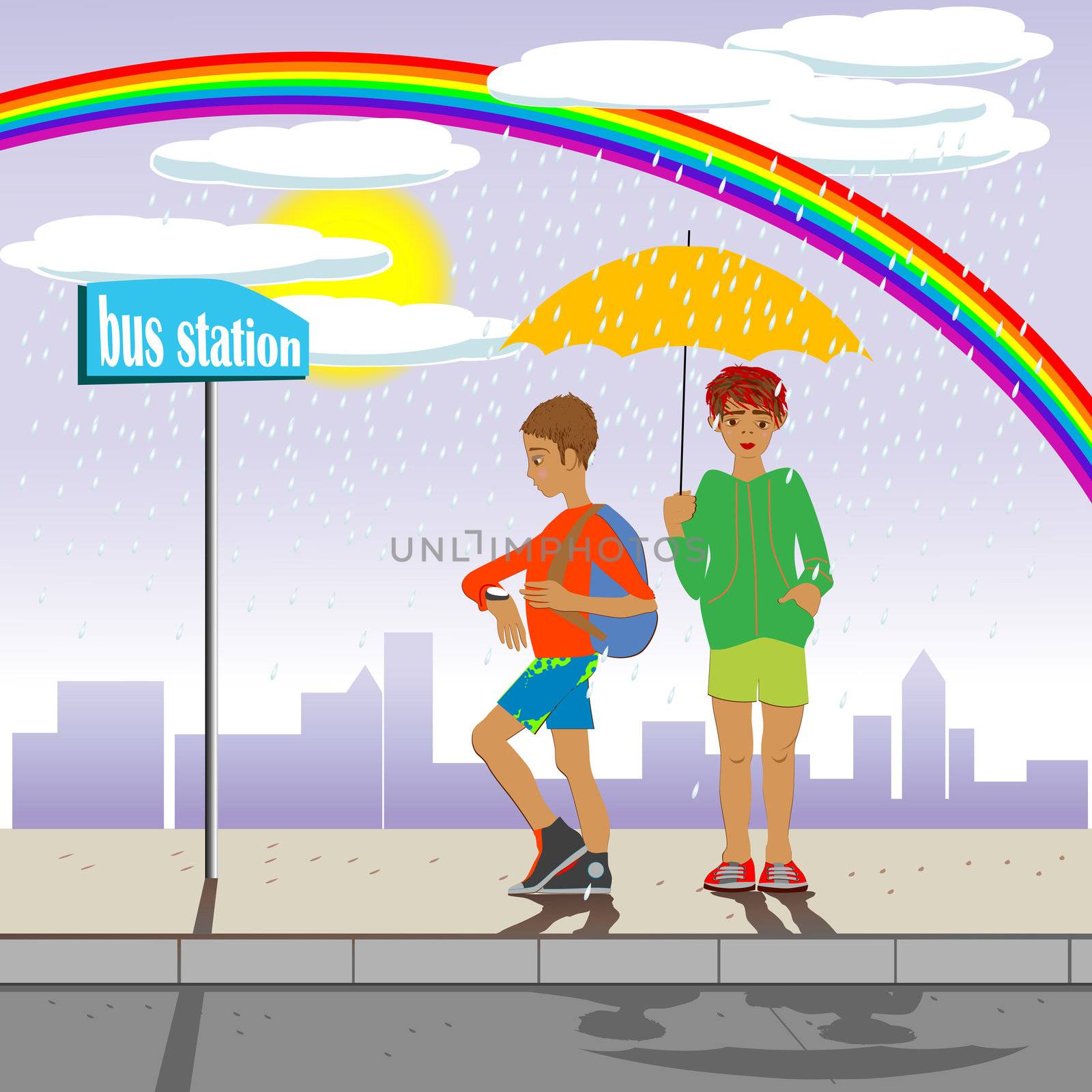two children in the rain waiting the bus under the rainbow