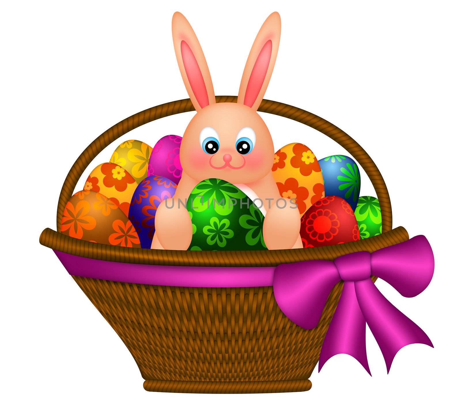 Happy Easter Bunny Rabbit Inside Basket of Colorful FLoral Pattern Eggs Illustration Isolated on White Background