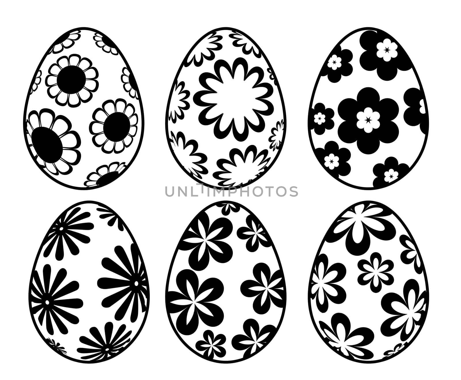 Six Black and White Easter Day Eggs with Floral Designs by jpldesigns