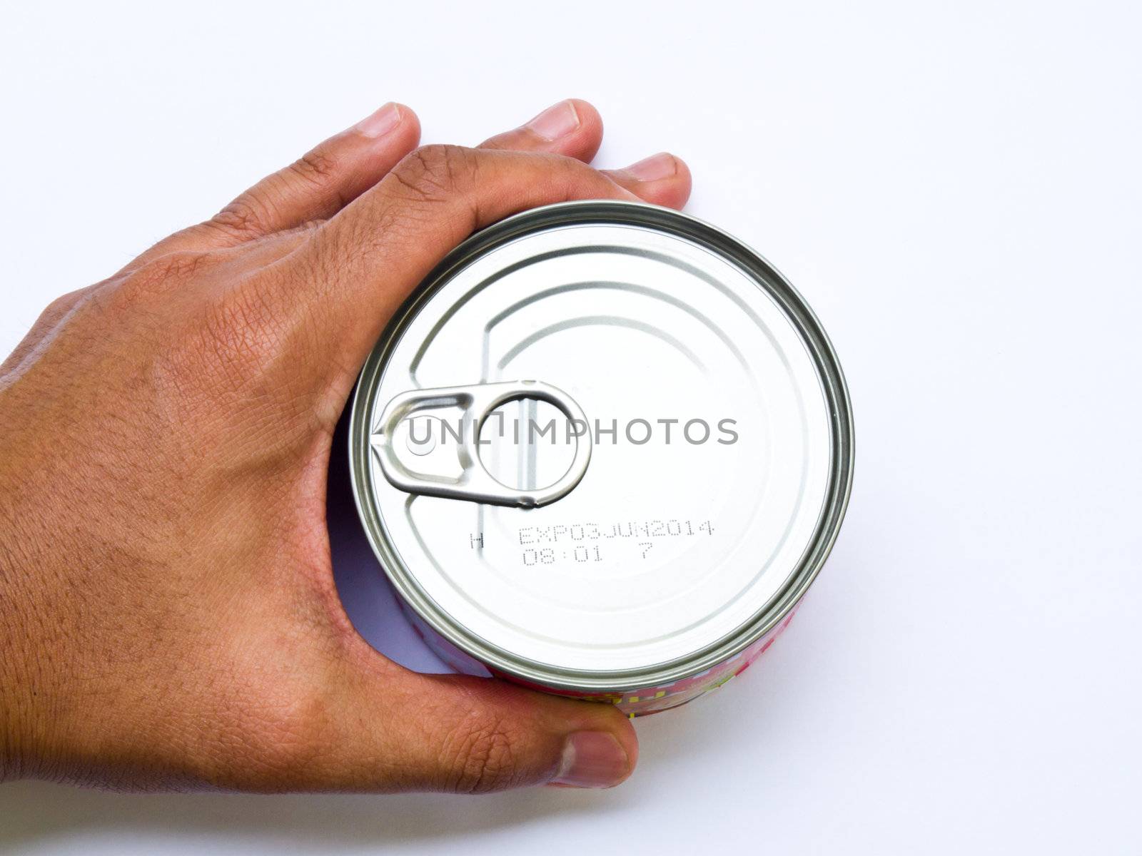 Food can in hand isolated on white background