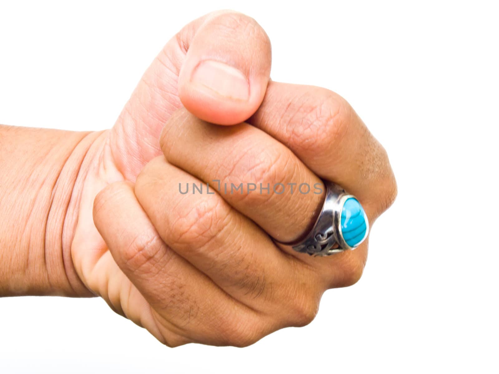 A guy hand with turquoise ring on his finger isolated on white background