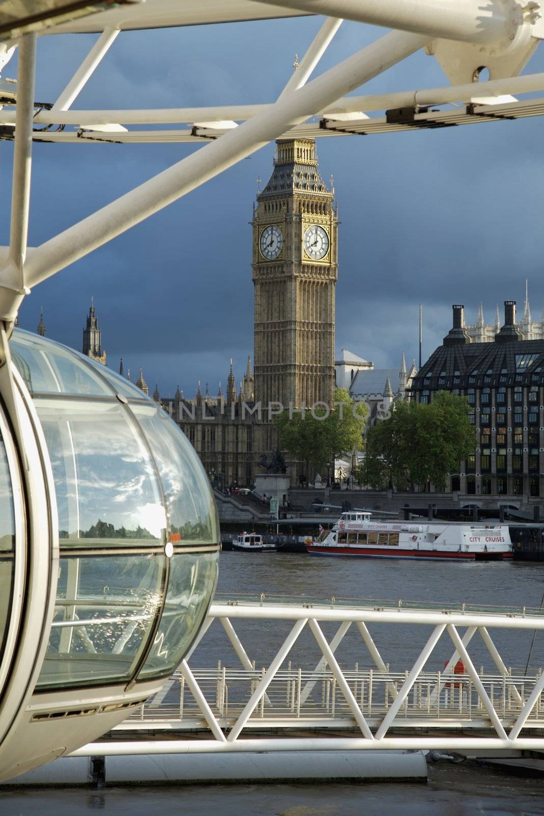 London Eye skyline with Big Ben and in London, United Kingdom