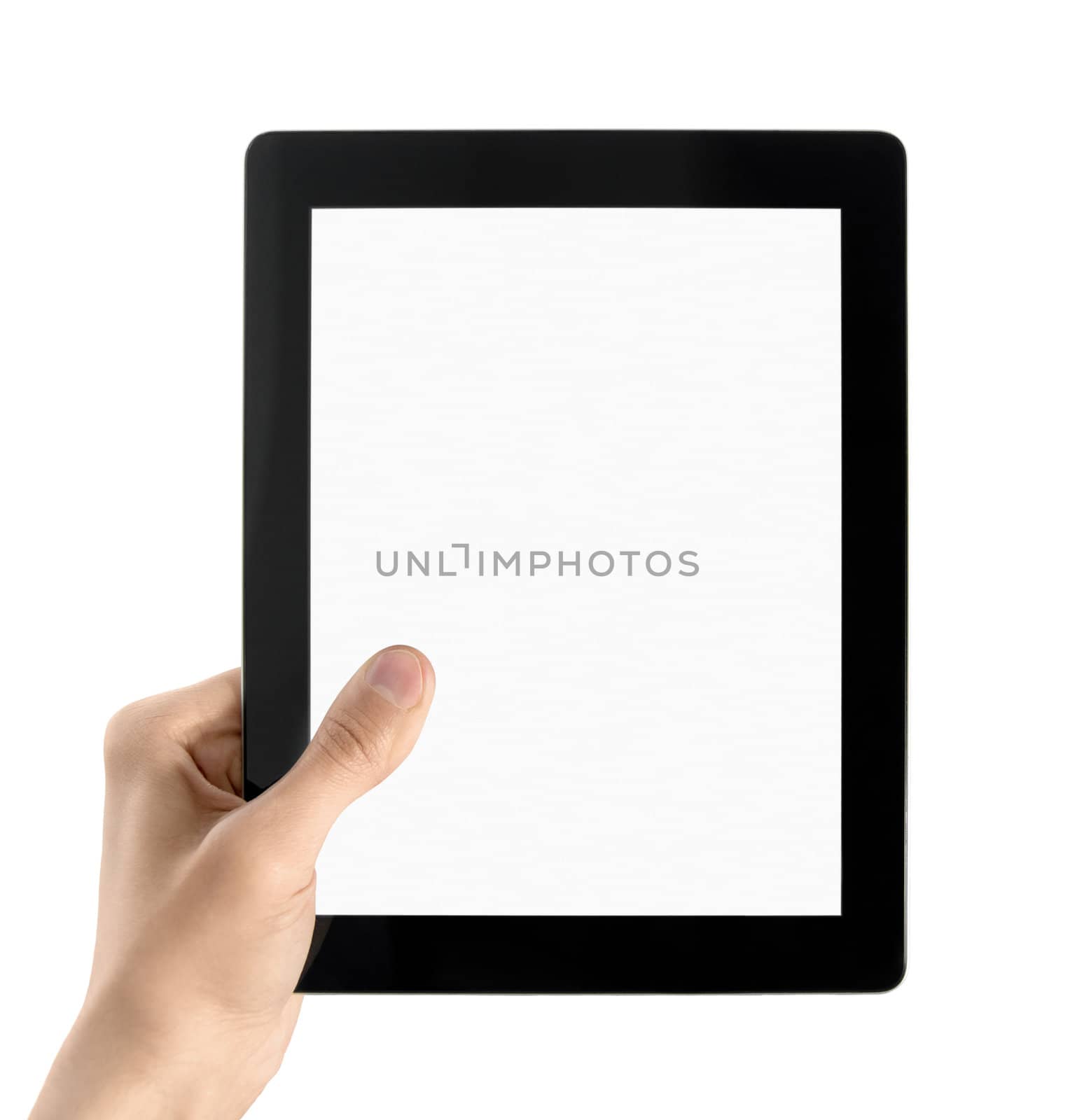 Man hands are holding electronic tablet with blank screen. Isolated on white.