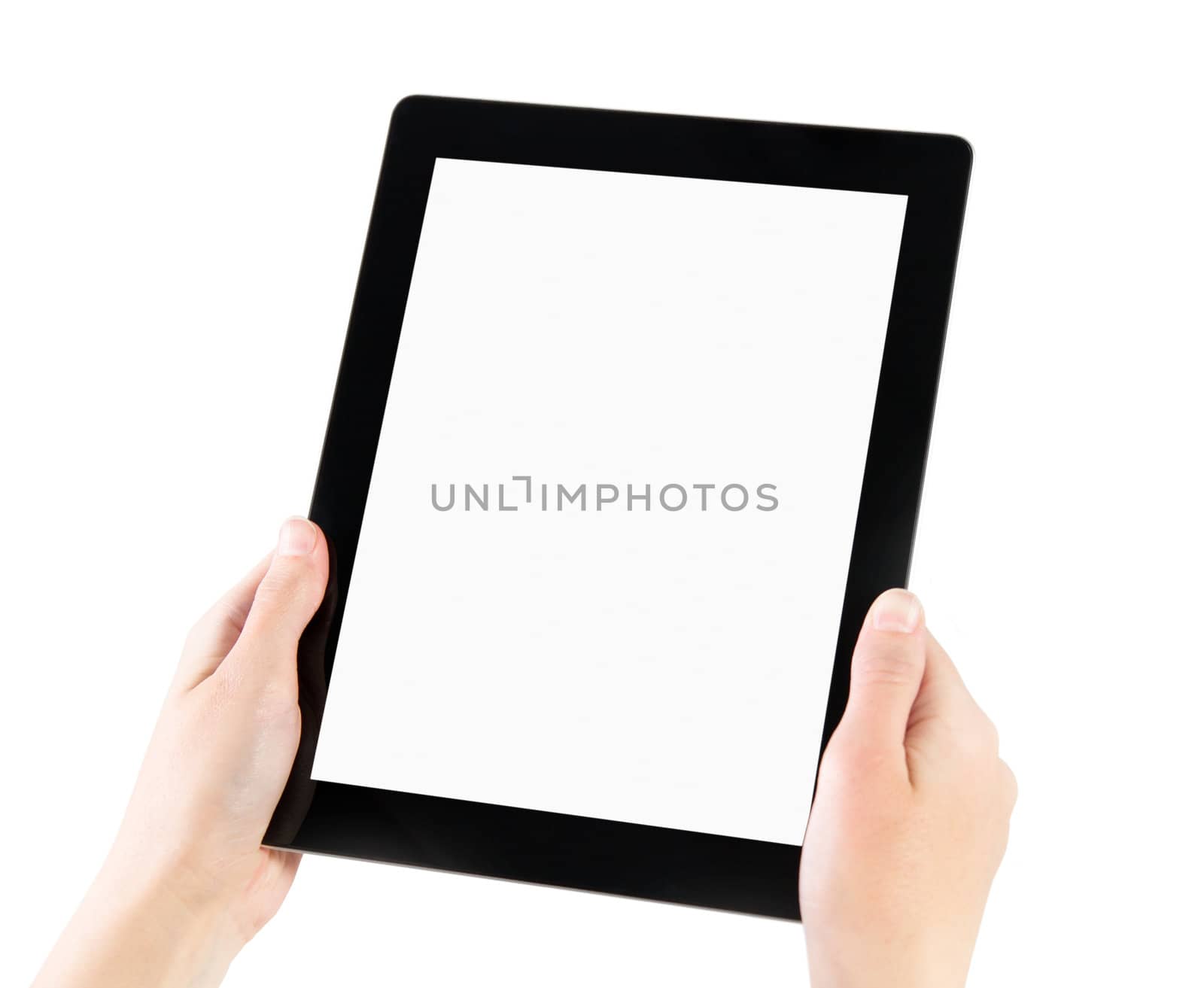 Woman hands holding electronic tablet pc with blank screen. Isolated on white.