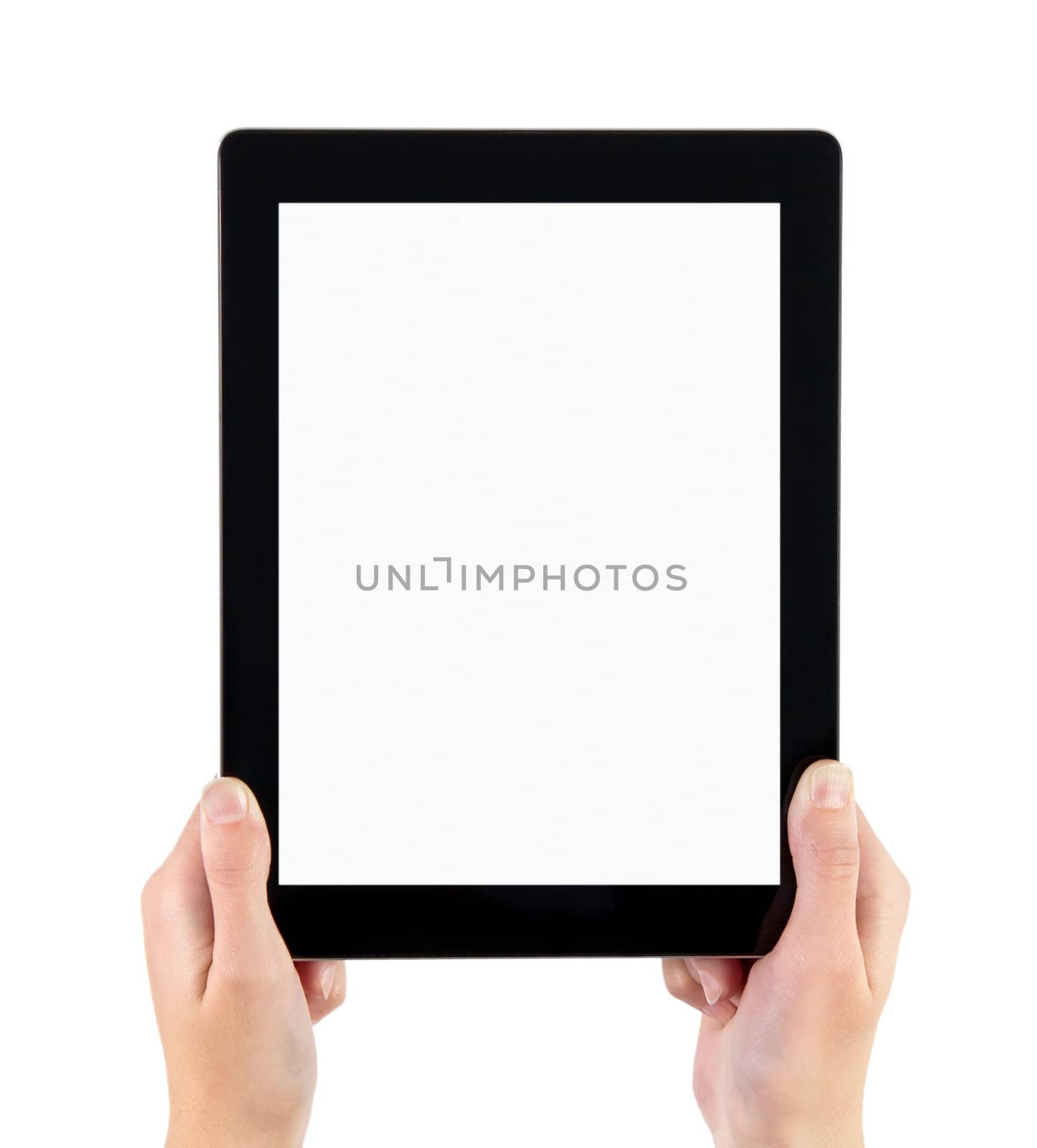 Woman hands holding electronic tablet pc with blank screen. Isolated on white.