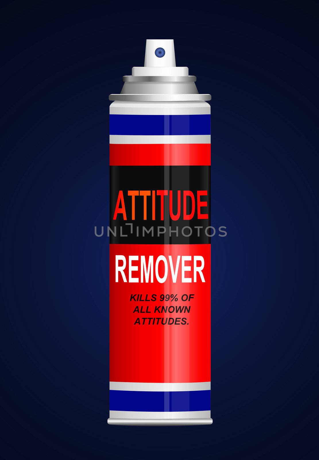 Illustration depicting a single aerosol spray can with the words 'attitude remover'. Blue background.