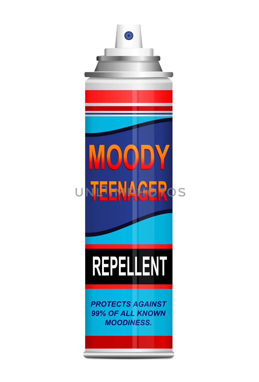 Illustration depicting a single aerosol spray can with the words 'moody teenager repellent'. White background.