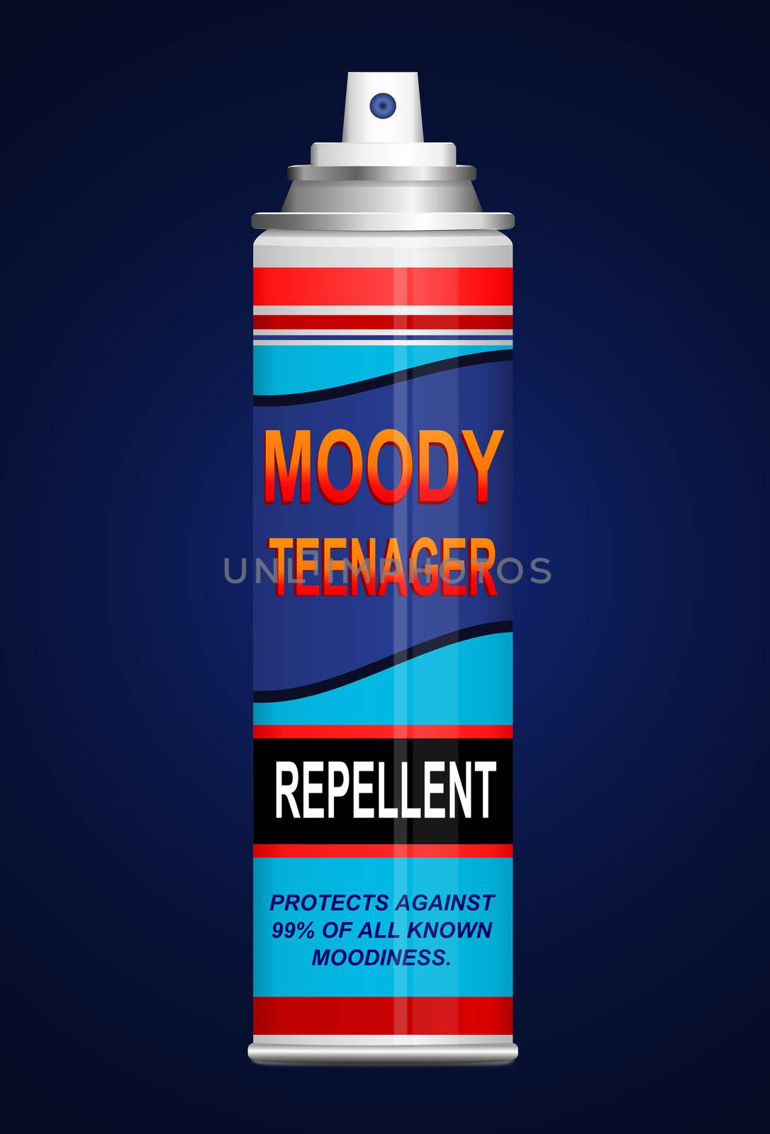 Illustration depicting a single aerosol spray can with the words 'moody teenager repellent'. Dark blue background.