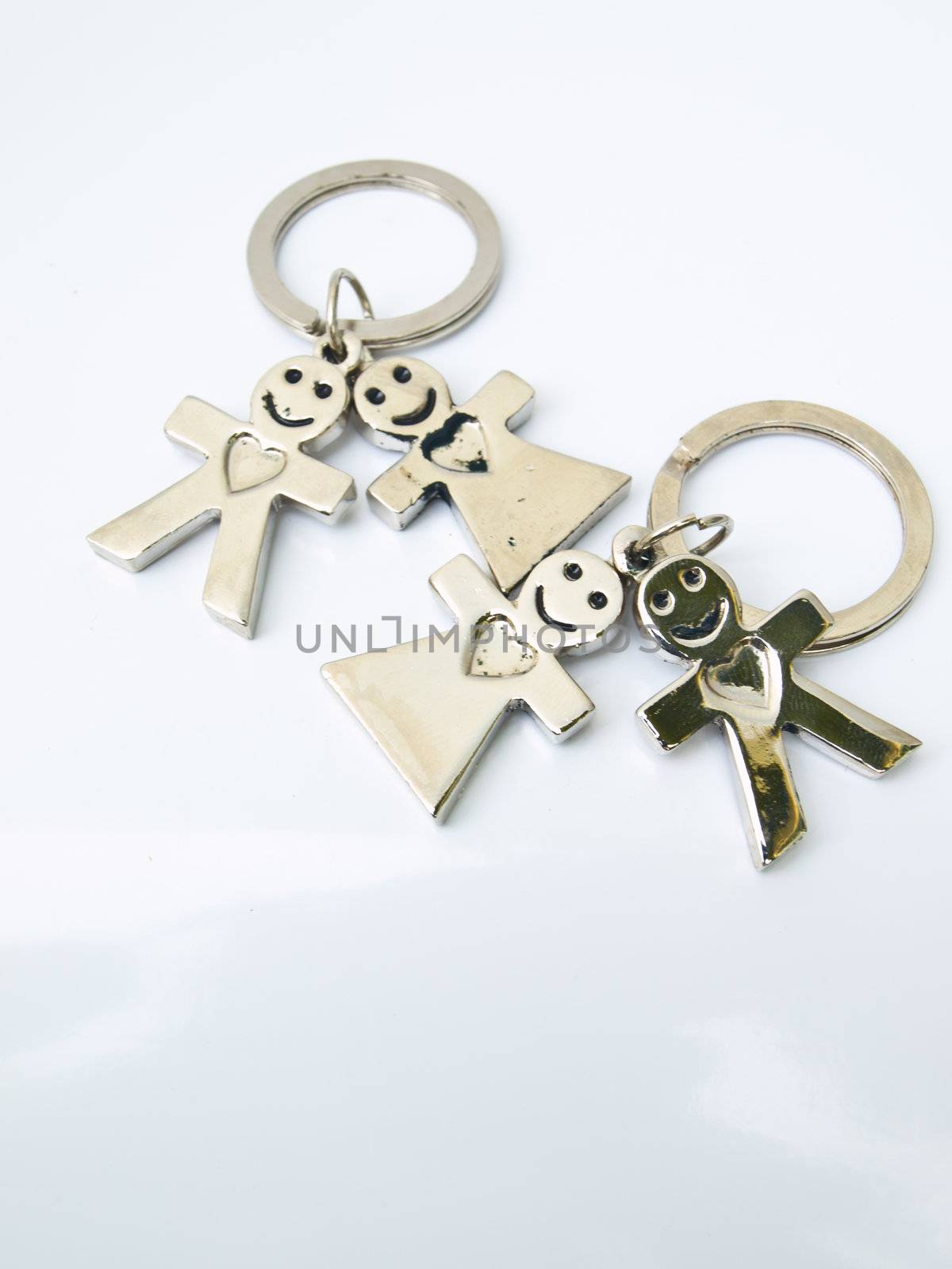 A pair of miniature groom and bride keychain isolated on white by gururugu