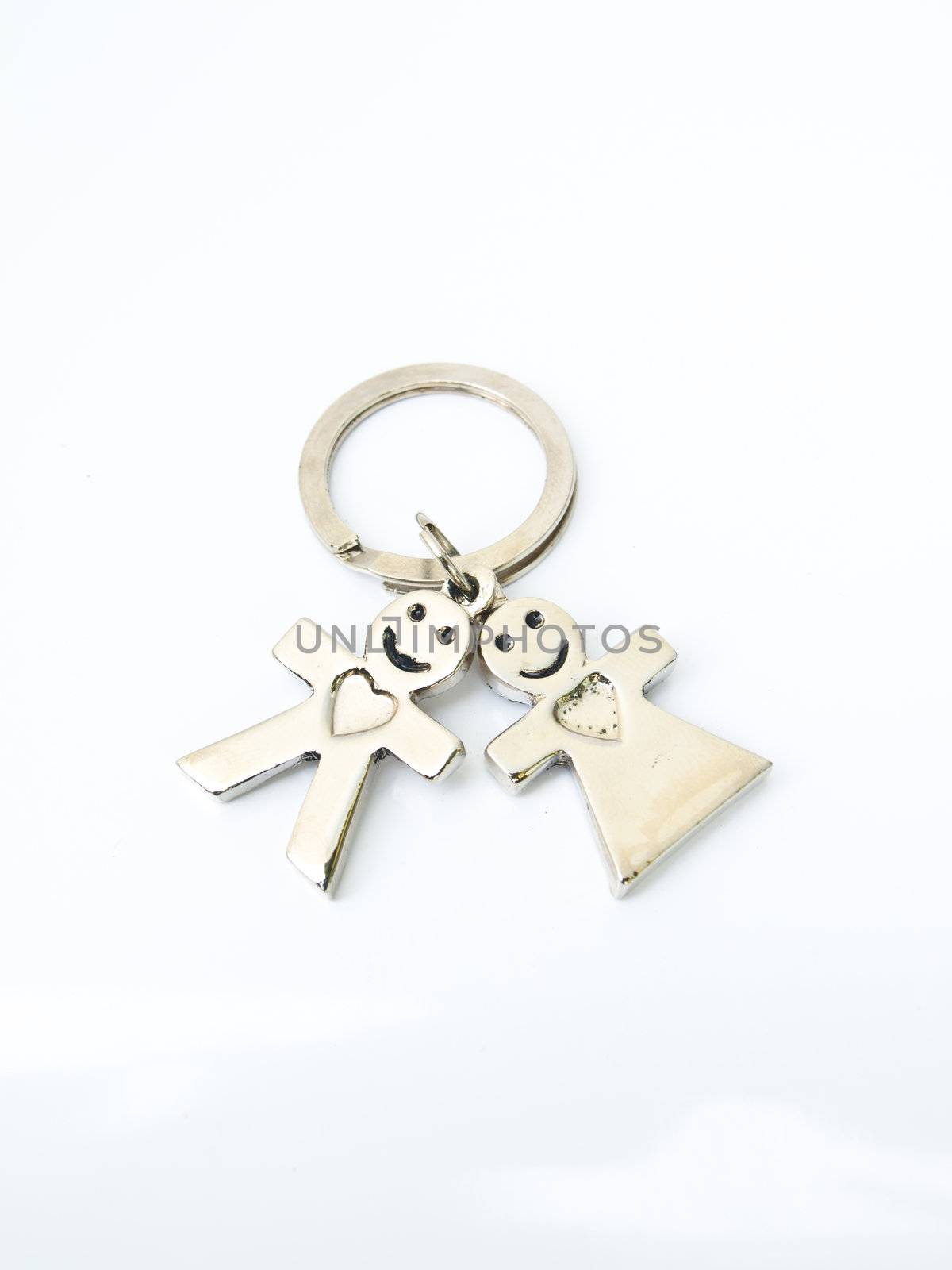 A miniature groom and bride keychain isolated on white backgroun by gururugu