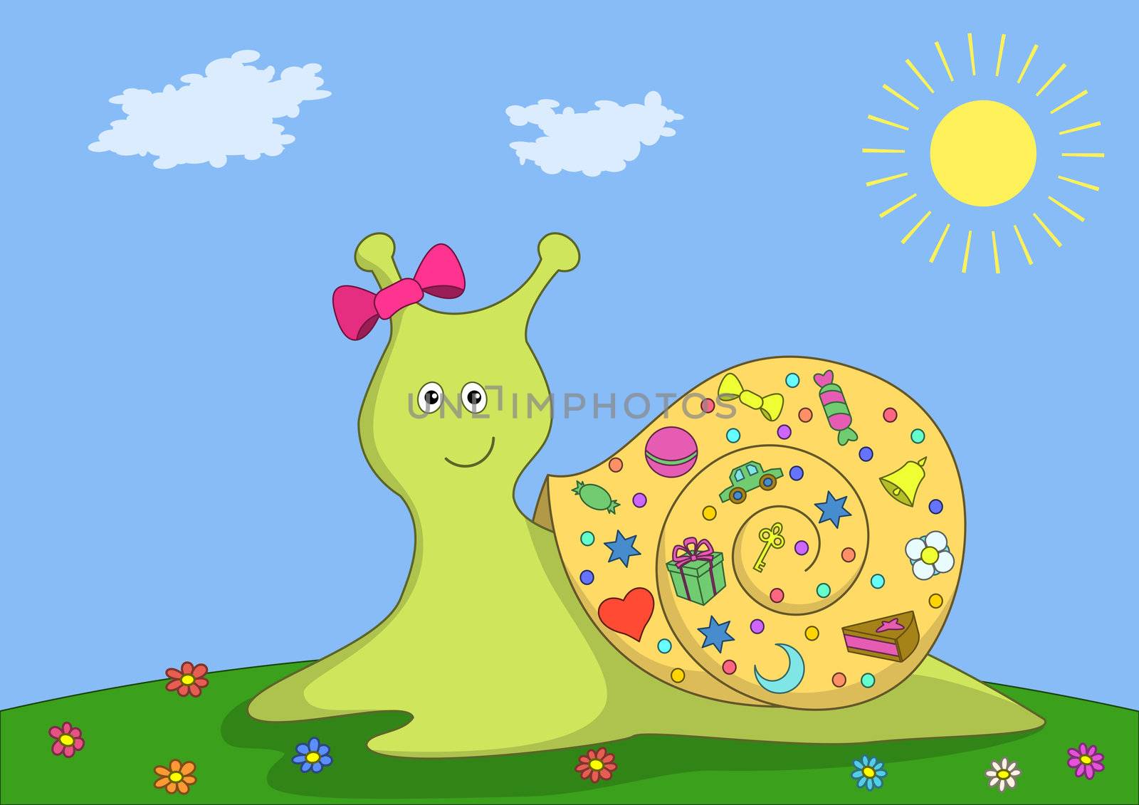 Smiling snail creeps on green meadow, carrying someone gifts on its bowl