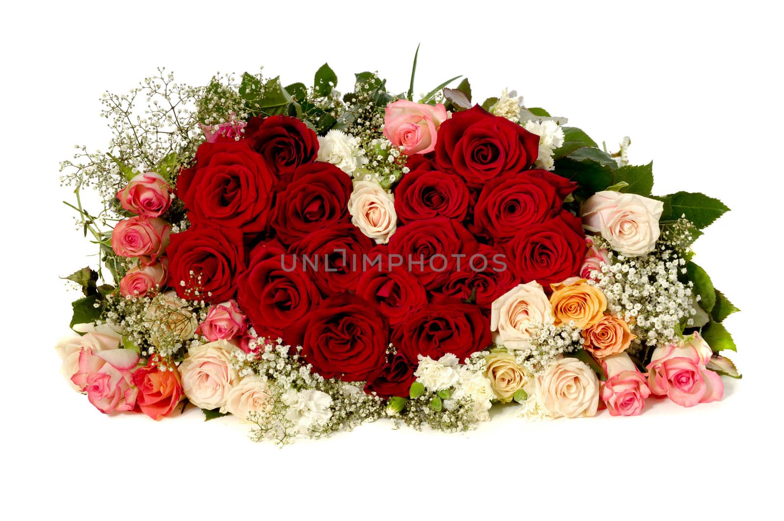 Bouquet of rose flowers isolated on white background. The roses are aranged as a heart shape.