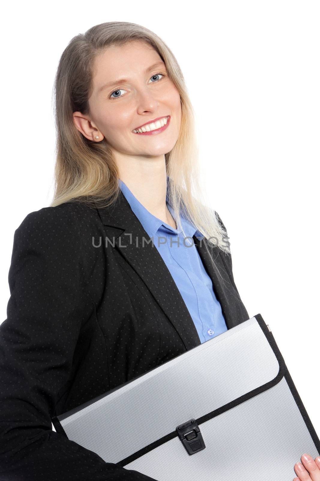 Smiling businesswoman holding an envelope bag isolated on