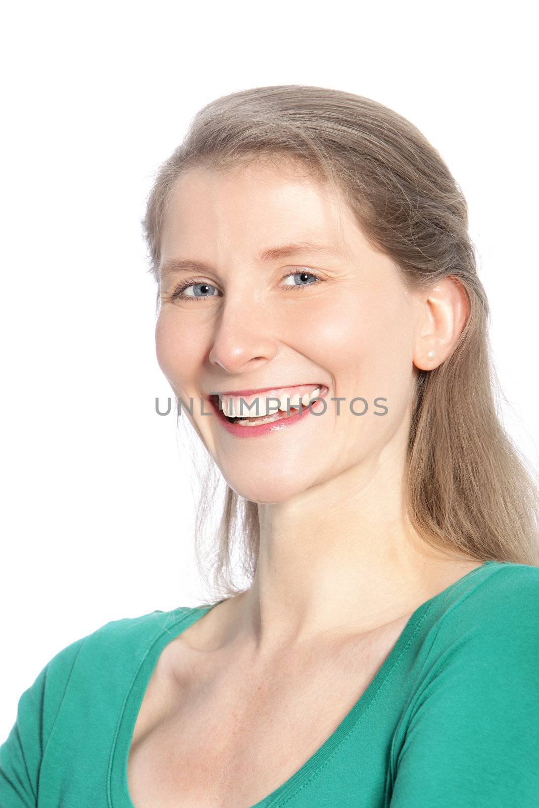 Close up portrait of happy mid aged woman isolated on white