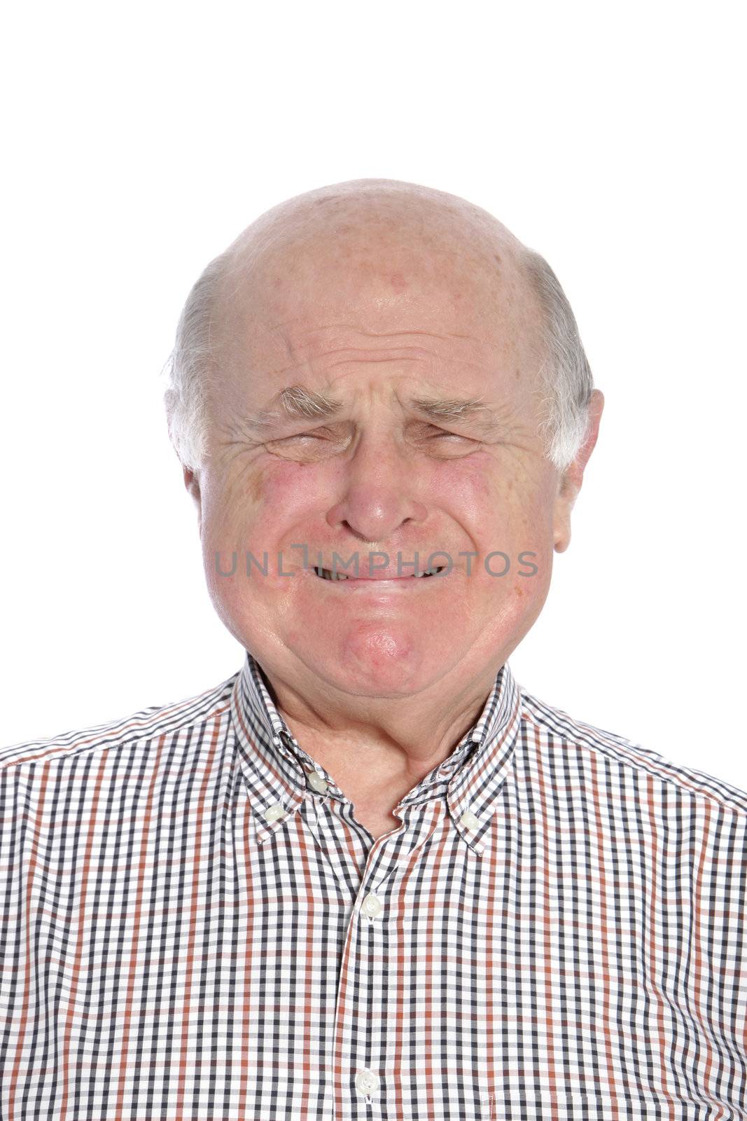 Frightened senior man crying, portrait on white background