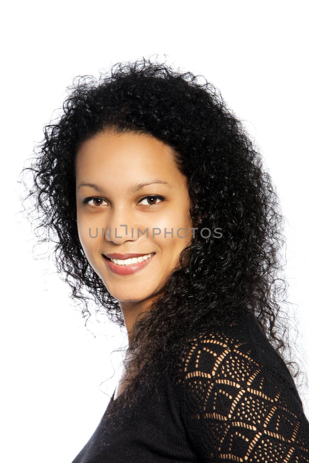 Smiling African woman with curly hair isolated on a white background