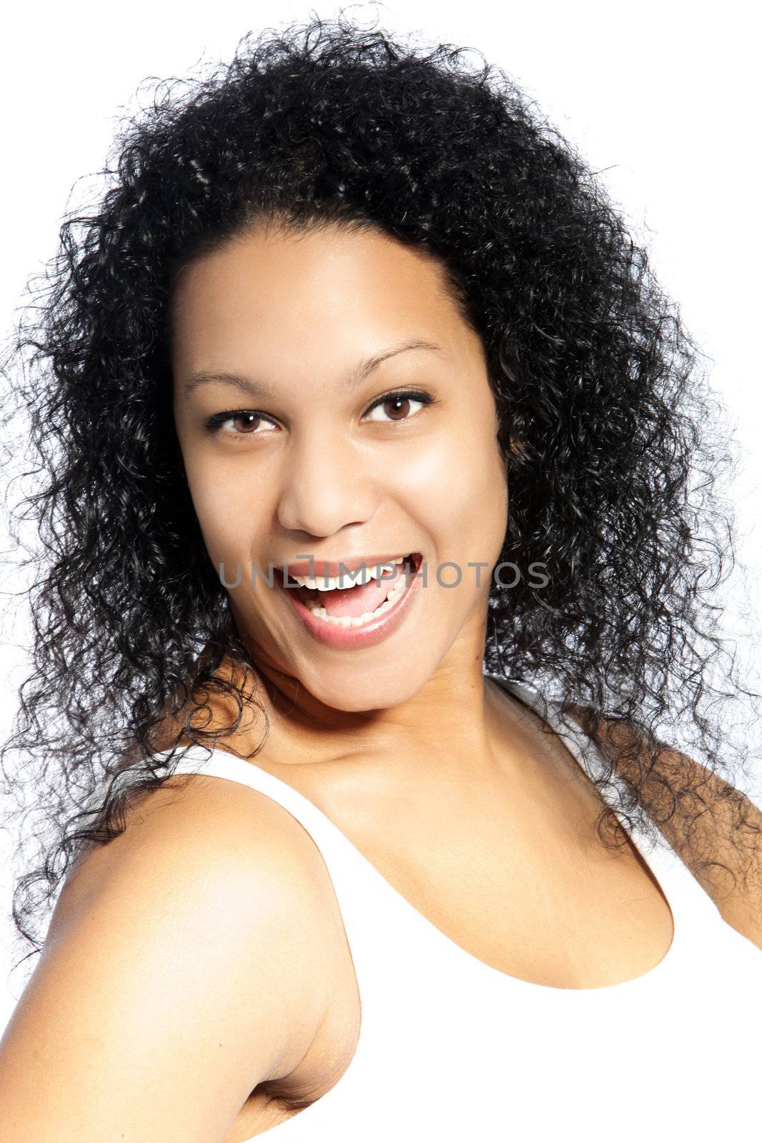 Portrait of happy excited woman with wide smile