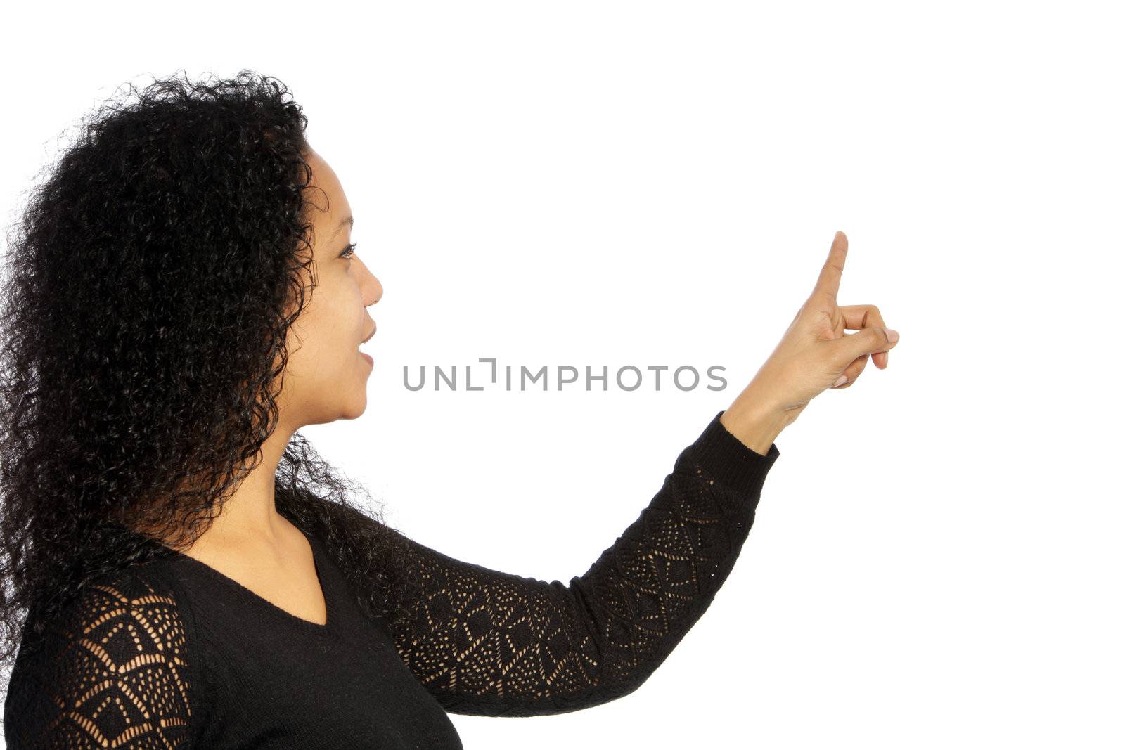 African American female pointing at something over the white background