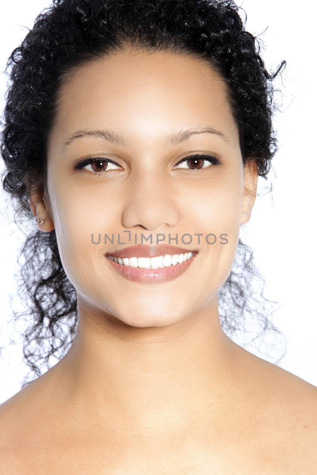 Smiling African American woman with black curly hair