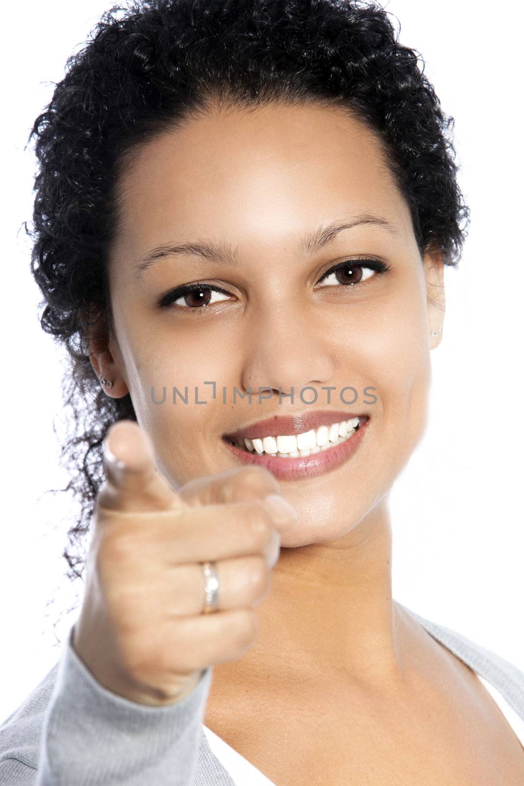 Close up portrait of an African American female pointing at you