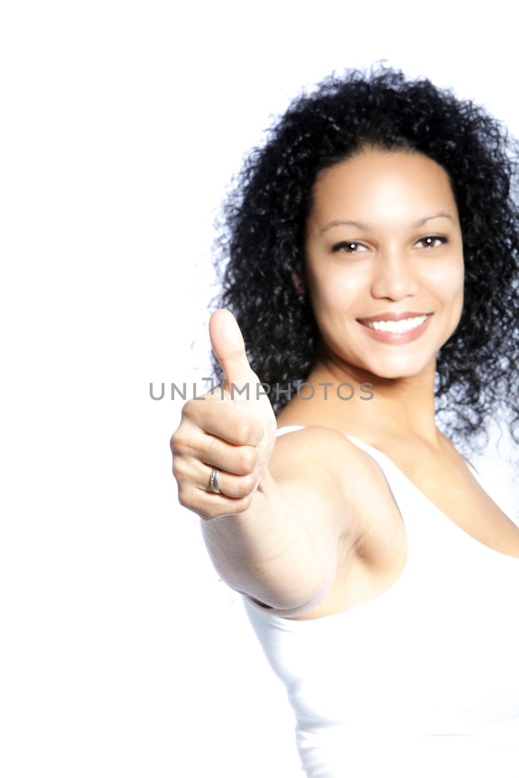 Portrait of curly hair woman in thumbs up gesture