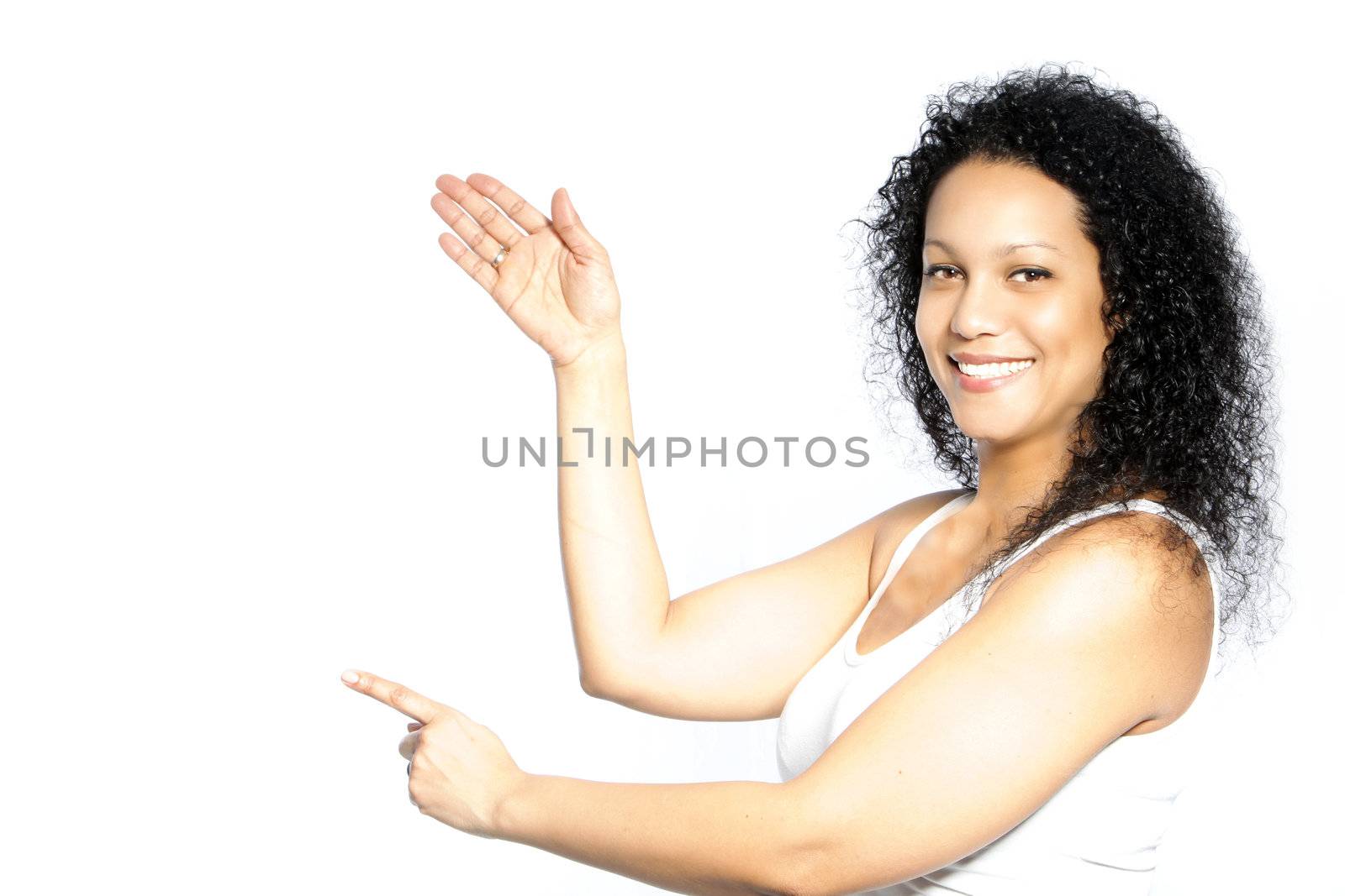 Beautiful African American female pointing at something