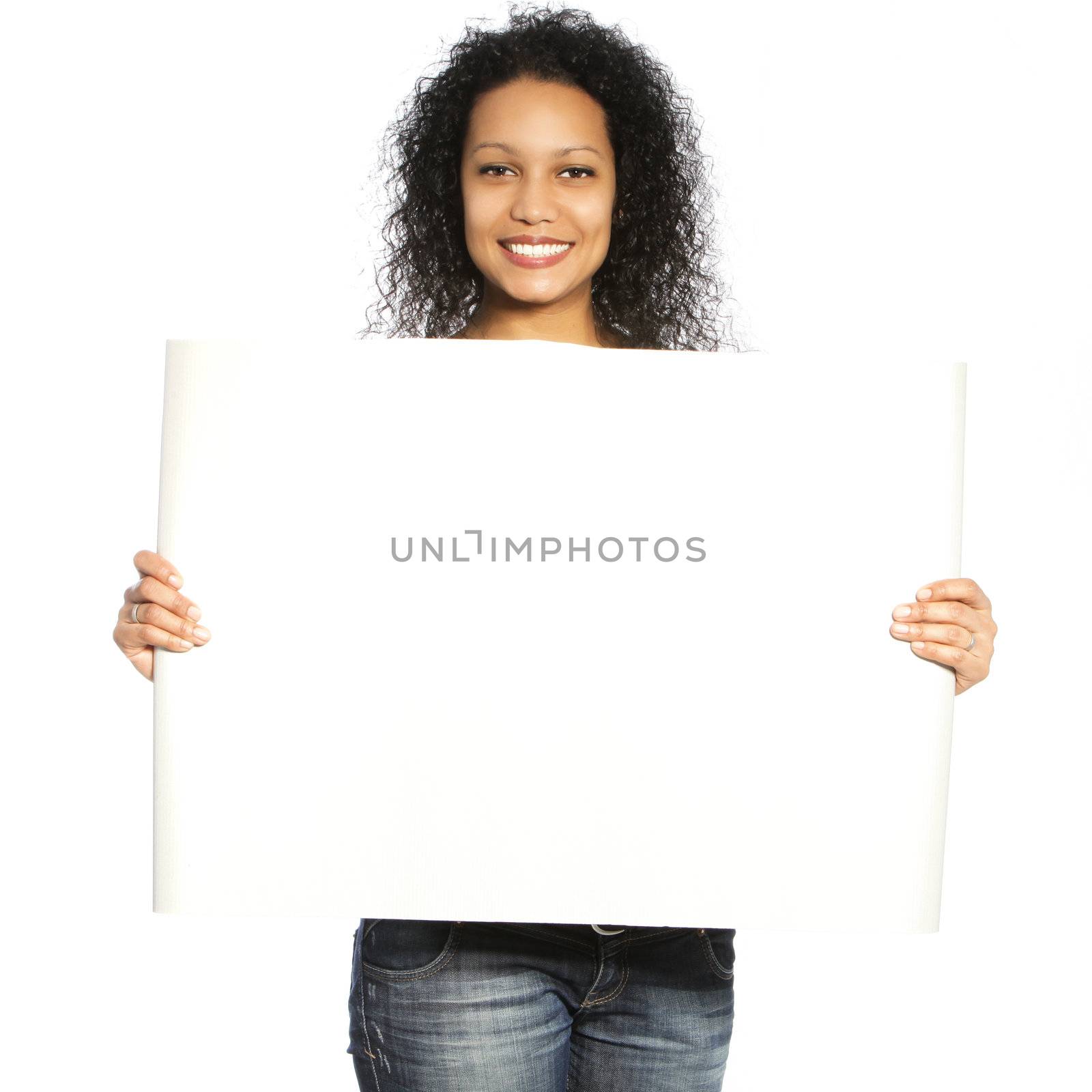 Curly hair female holding white blank banner isolated on