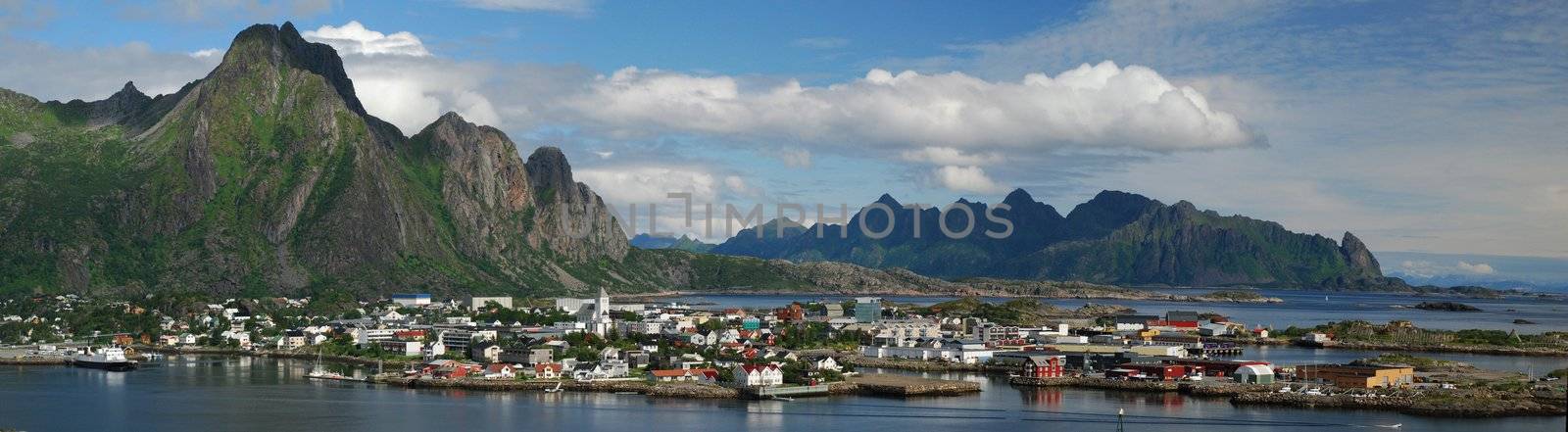 Panorama of Svolvaer town, administrative centre of Vagan Municipality in Lofoten islands, Nordland county, Norway, Situated appr 250 kilometres north of the Arctic Circle, as in summer time