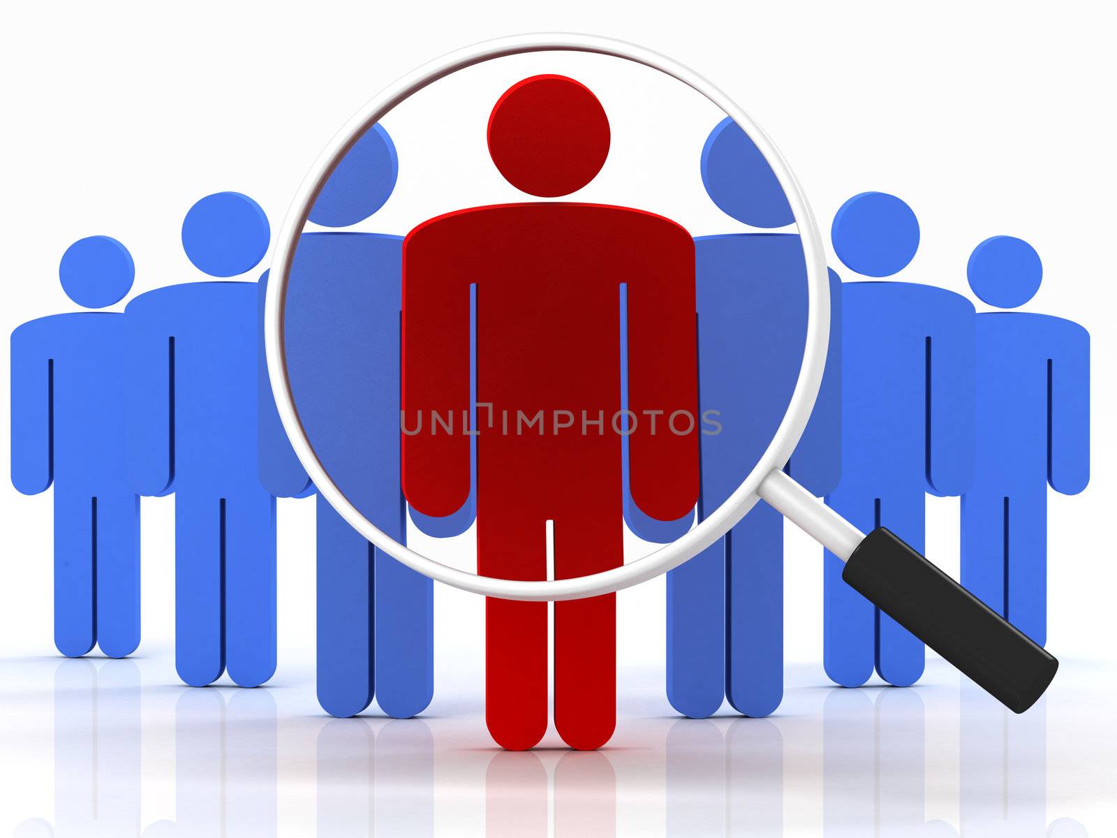 group of people standing with magnifying glass on a white background
