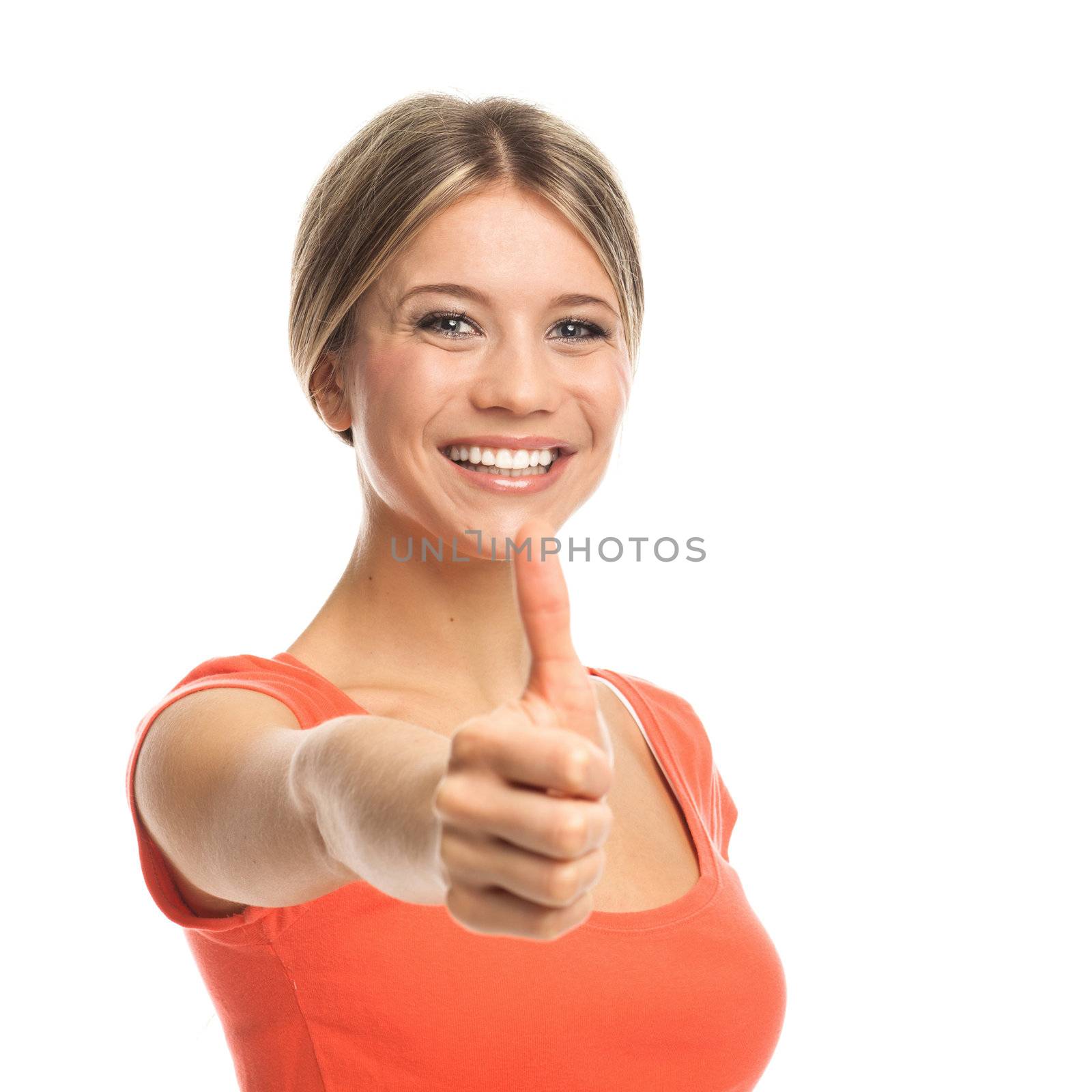 Young blond woman showing her thumb up, on white