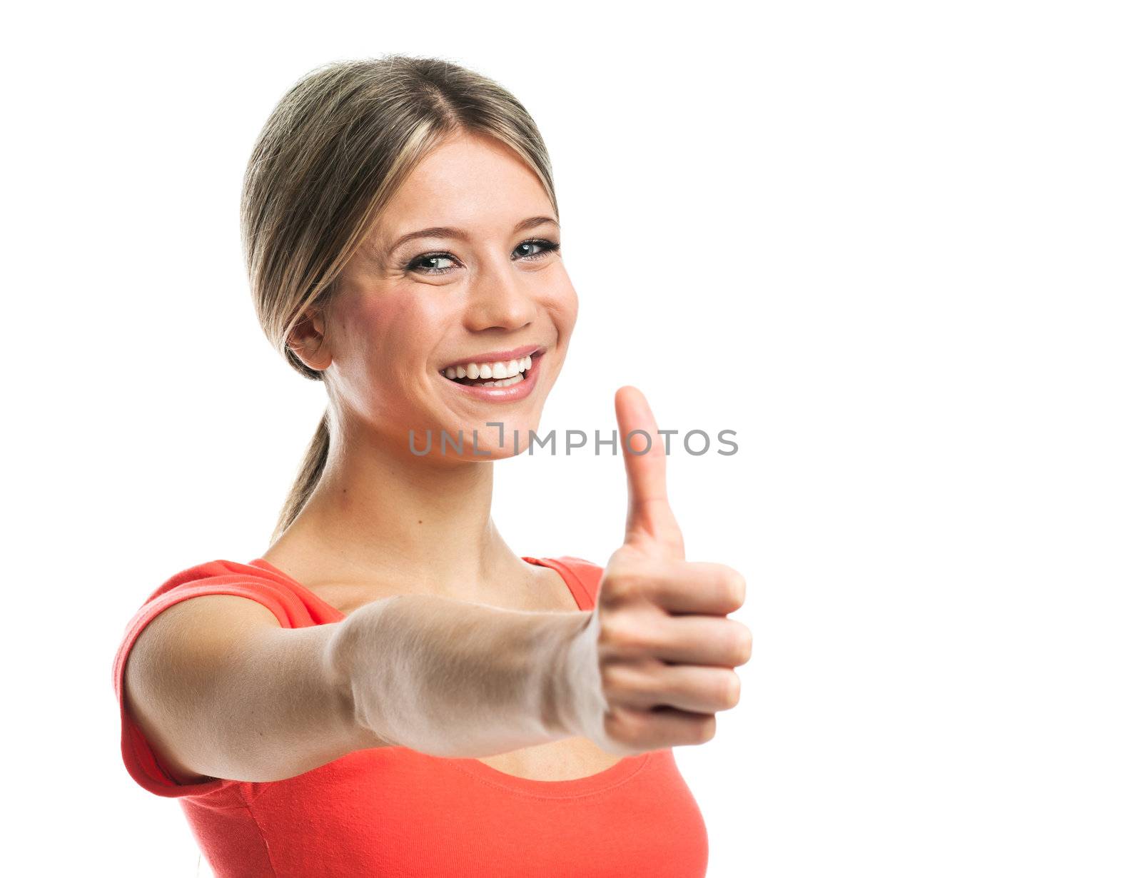 Young woman showing her thumb up, on white