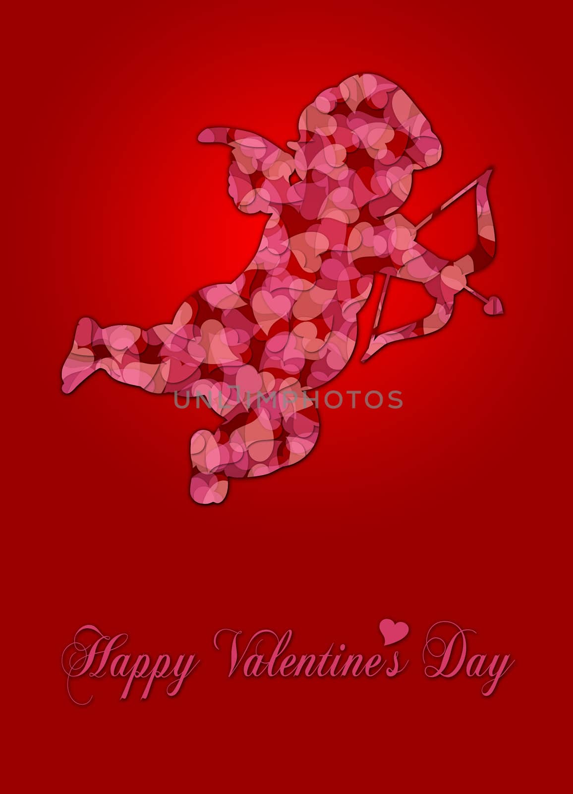 Cute Valentines Day Cupid Silhouette with Pink Pattern Hearts Illustration on Red Background