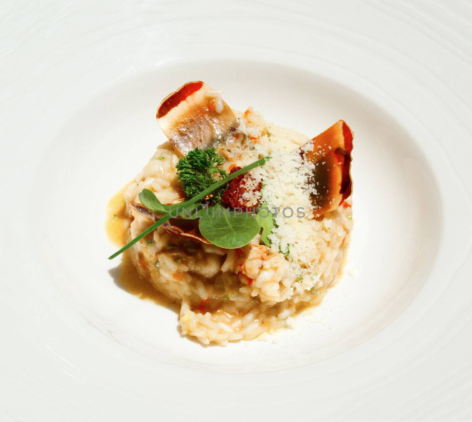 Risotto with lobster and rucola. Served with Parmesan Chip. Delicious Mediterranean dinner.