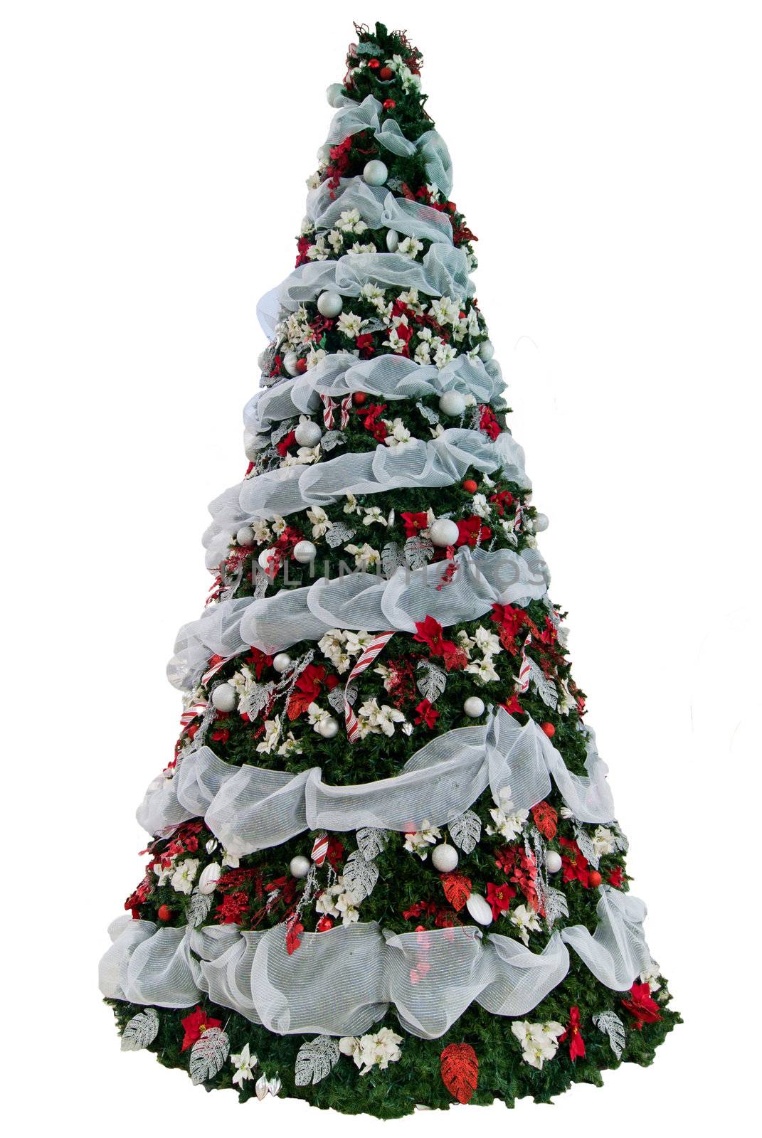 High Christmas Tree decorated on white background