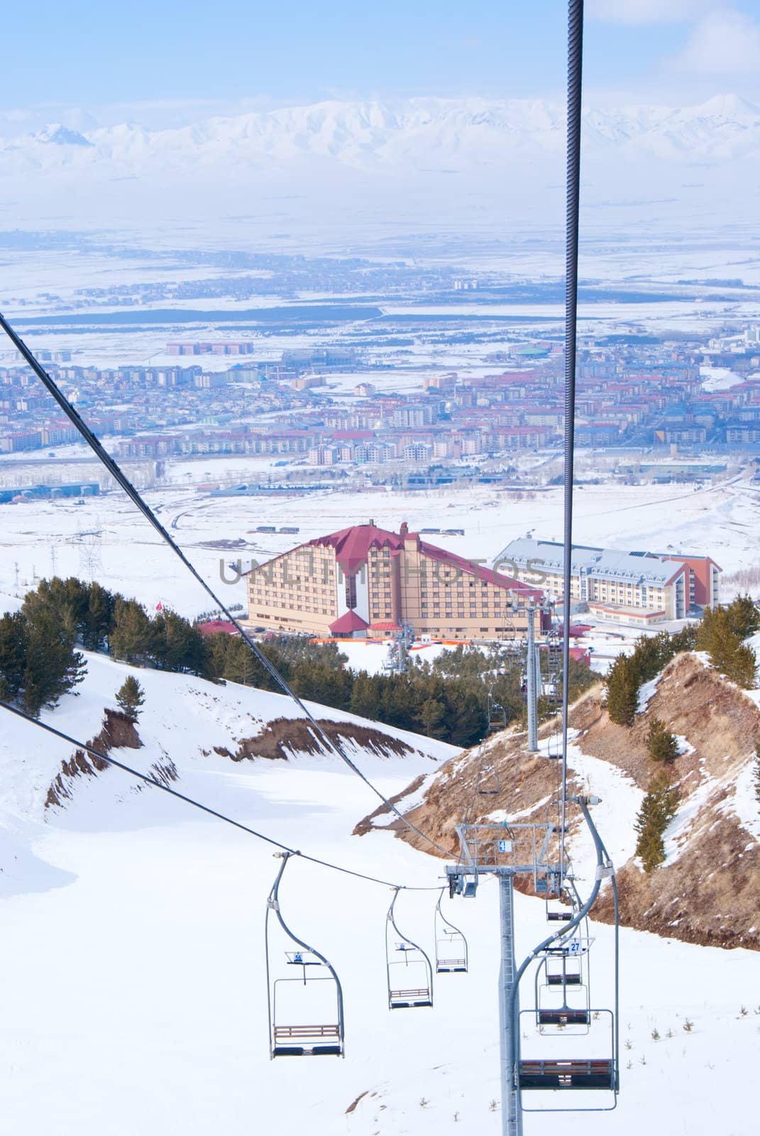 Vertical view on Erzurum from skilift in Palandoken. Turkey