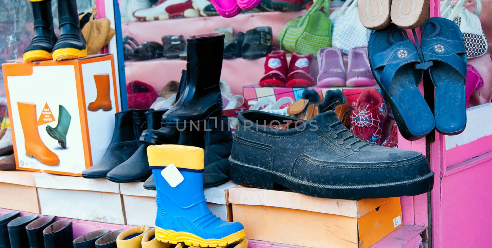 Footwear shop in Turkey. Focus on bigfoot shoe.