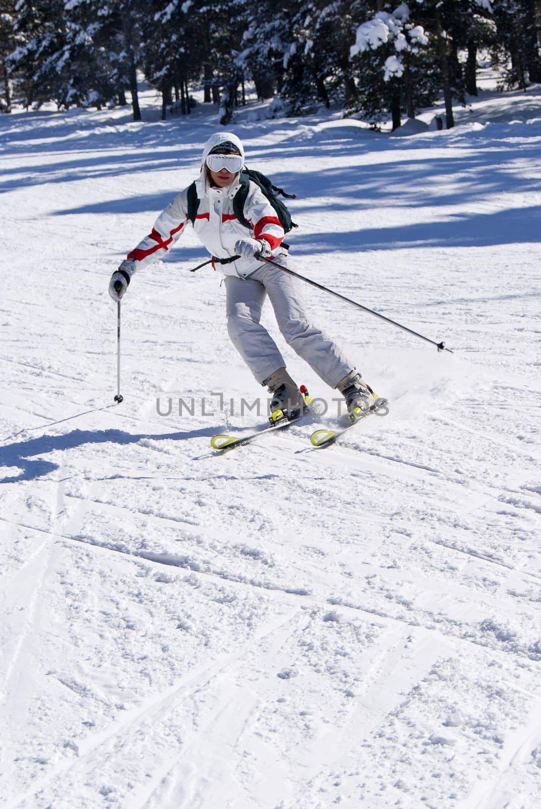 Beautiful skier skiing on the slope in mountain`s forest