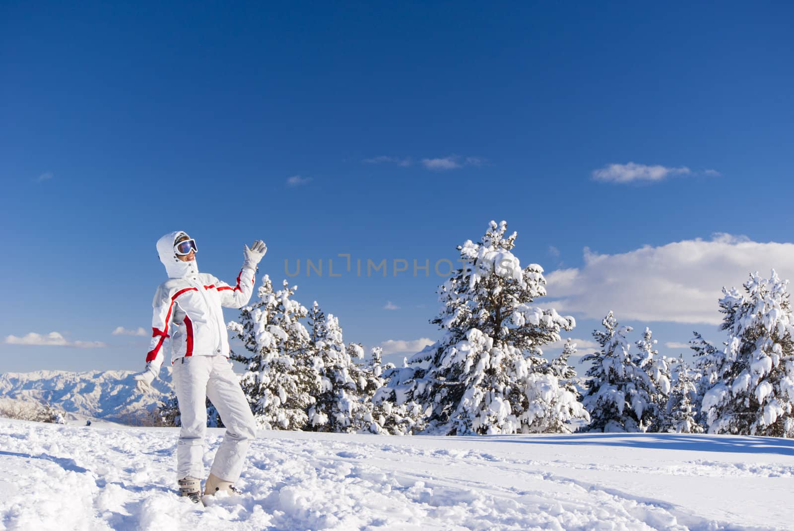 Cheery skier on the top of mountain