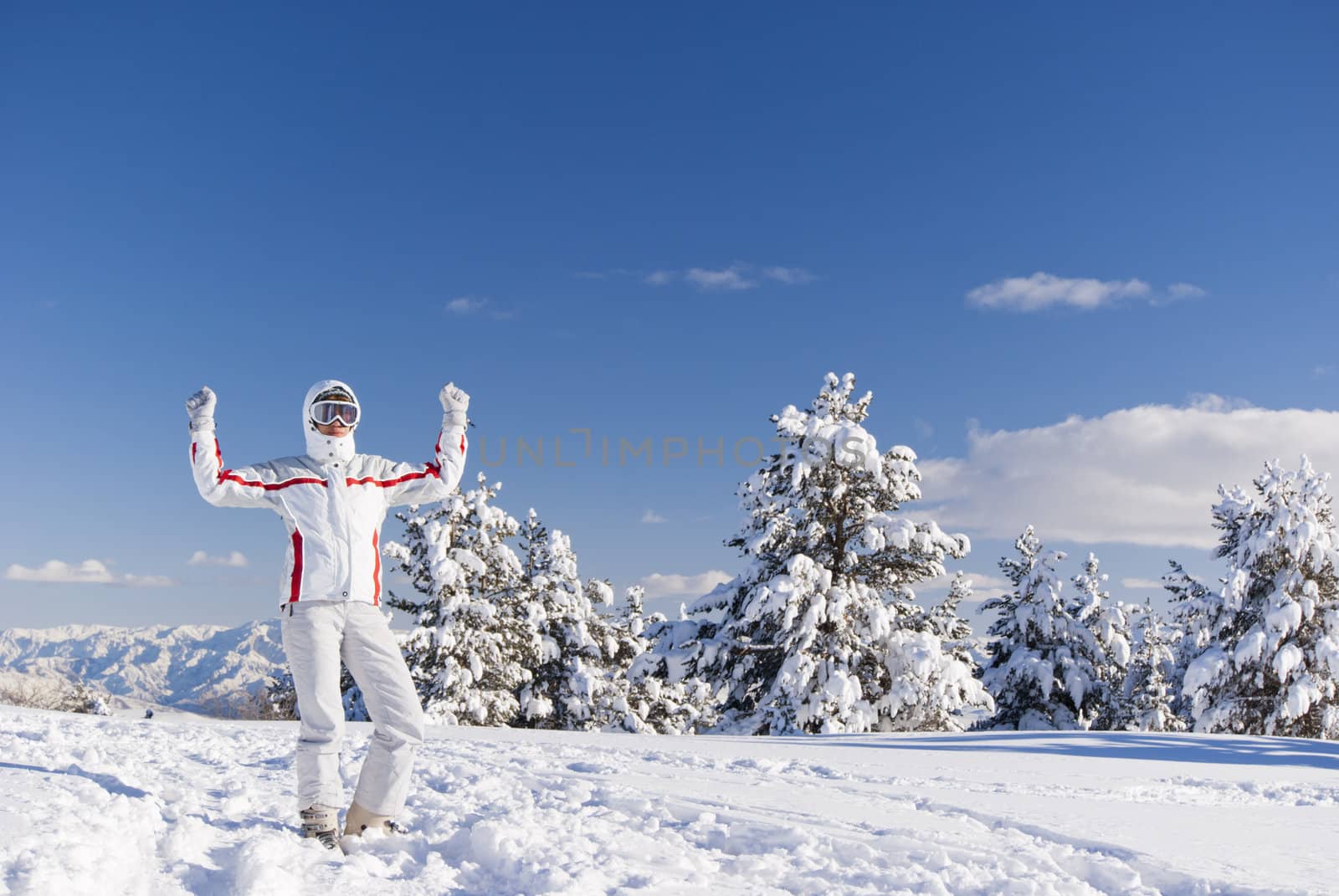 Success skier on the top of mountain by Denovyi