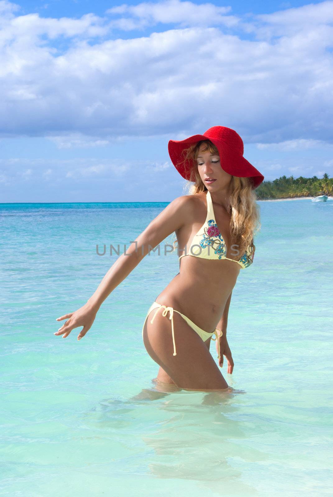 Sexy beautiful woman in bikini walking in the blue lagoon