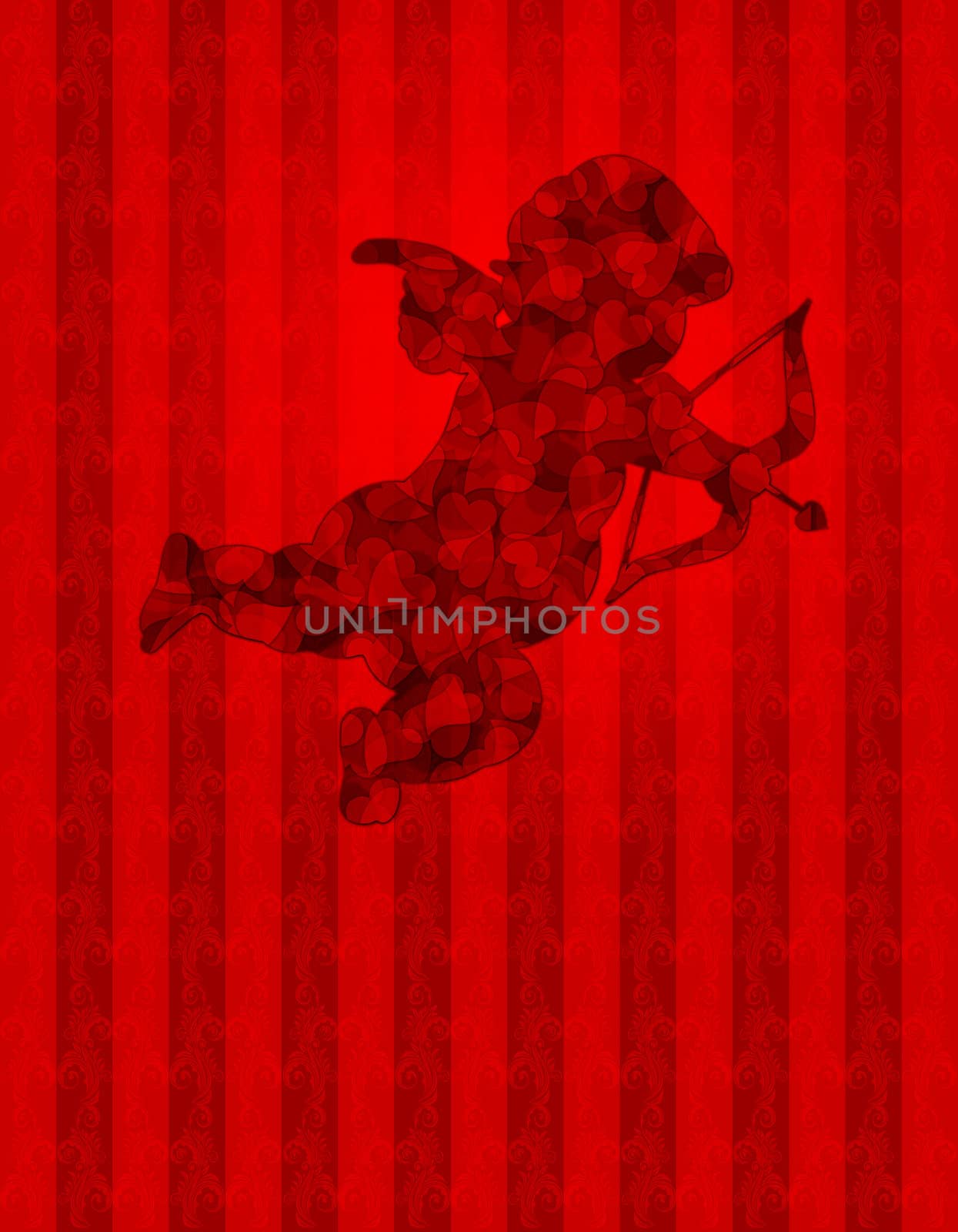 Valentines Day Cupid with Pattern Hearts on Red Wallpaper Background Illustration