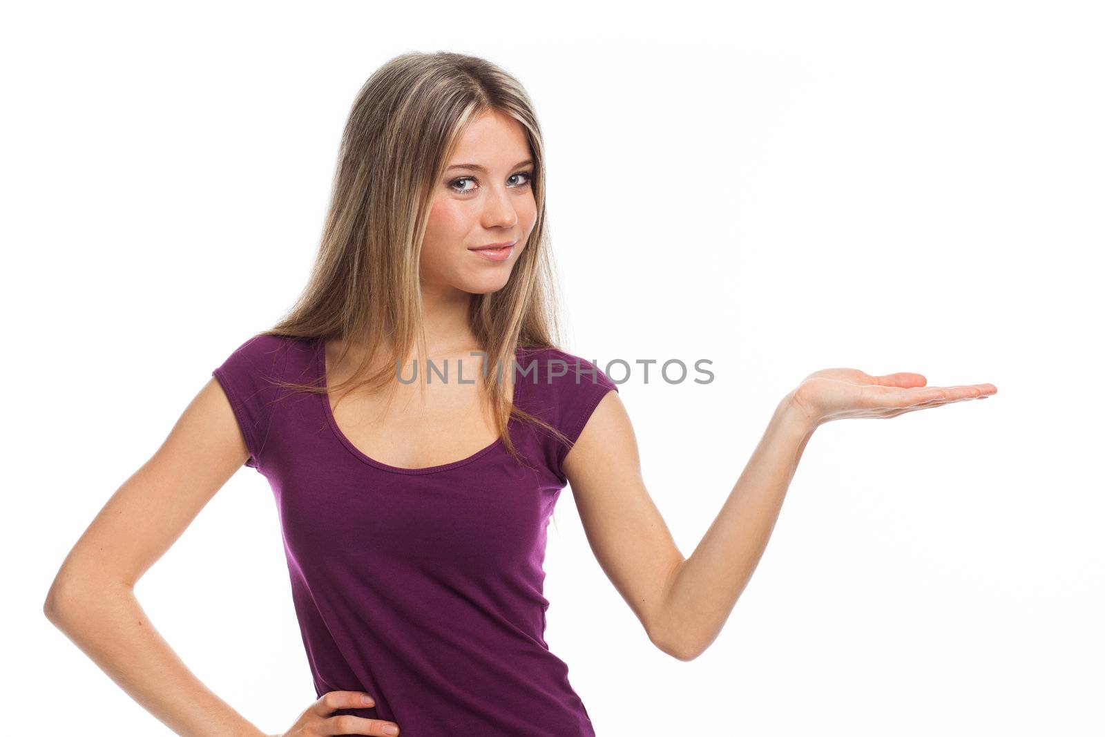 Pretty young woman showing signboard, on white