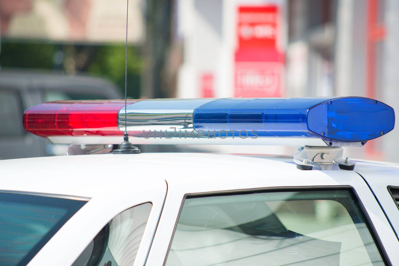 Close-up of the colorful lights on top of a police vehicle.