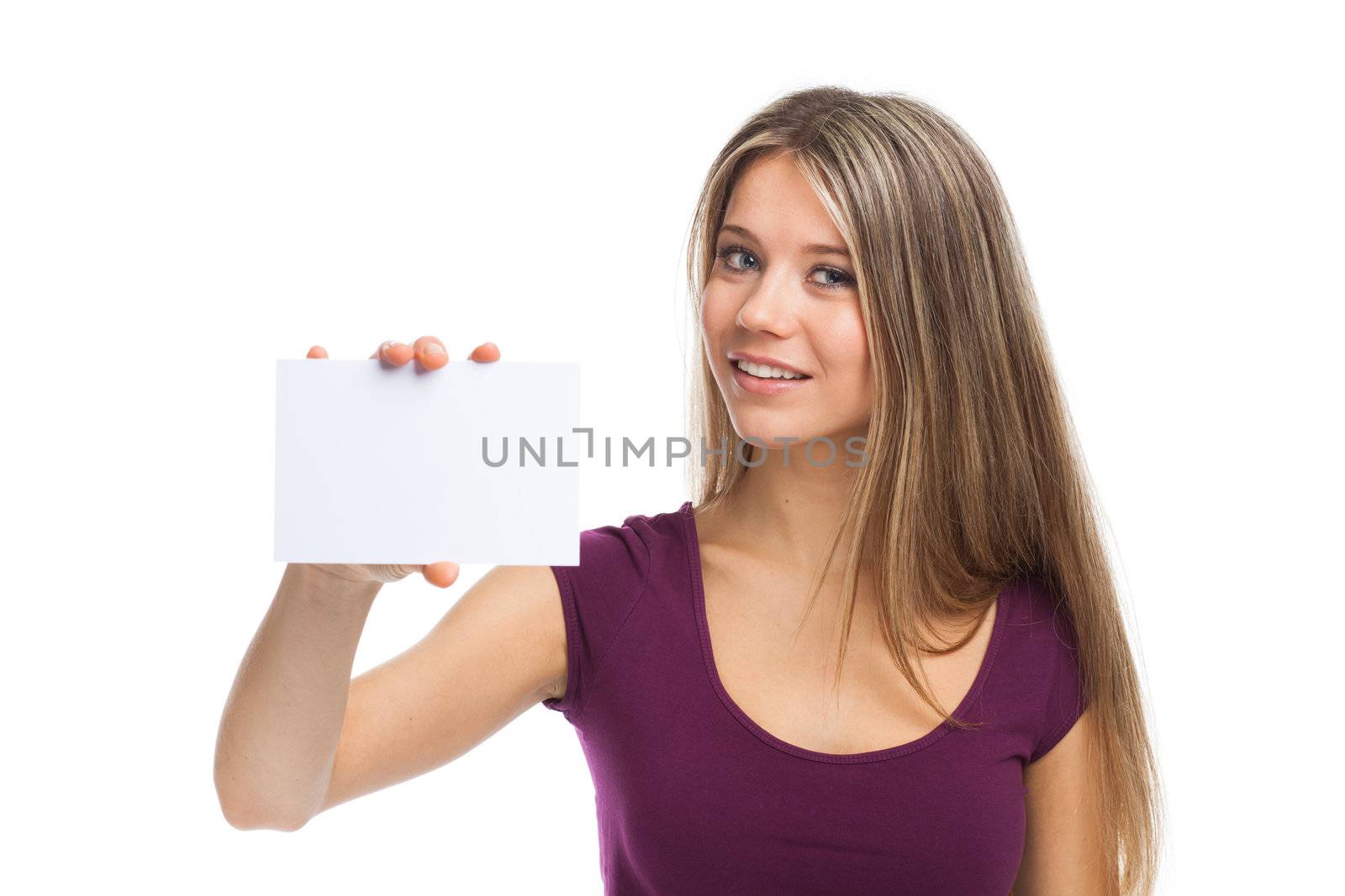 Young woman showing a white card, isolated on white