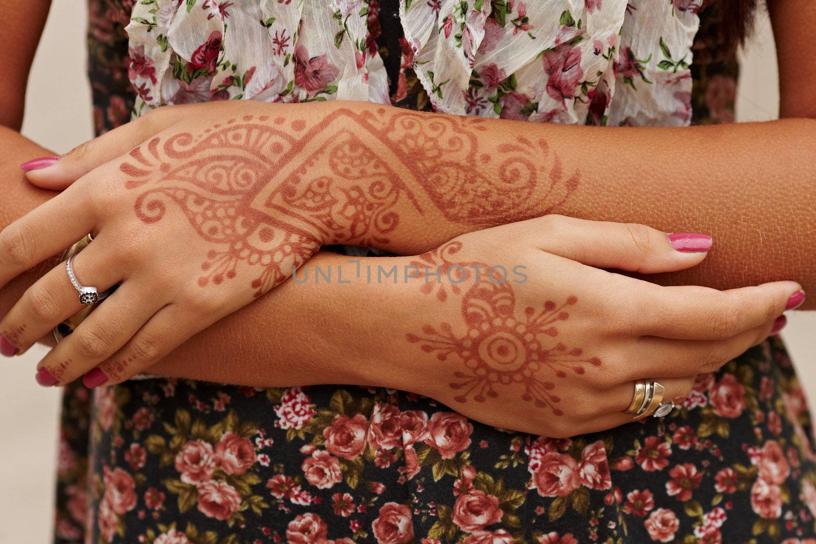 Girl with hands painted Mehandi. Picture by a henna