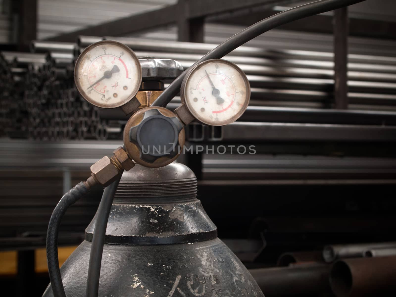 Gas Cylinder and pressure gauge in factory