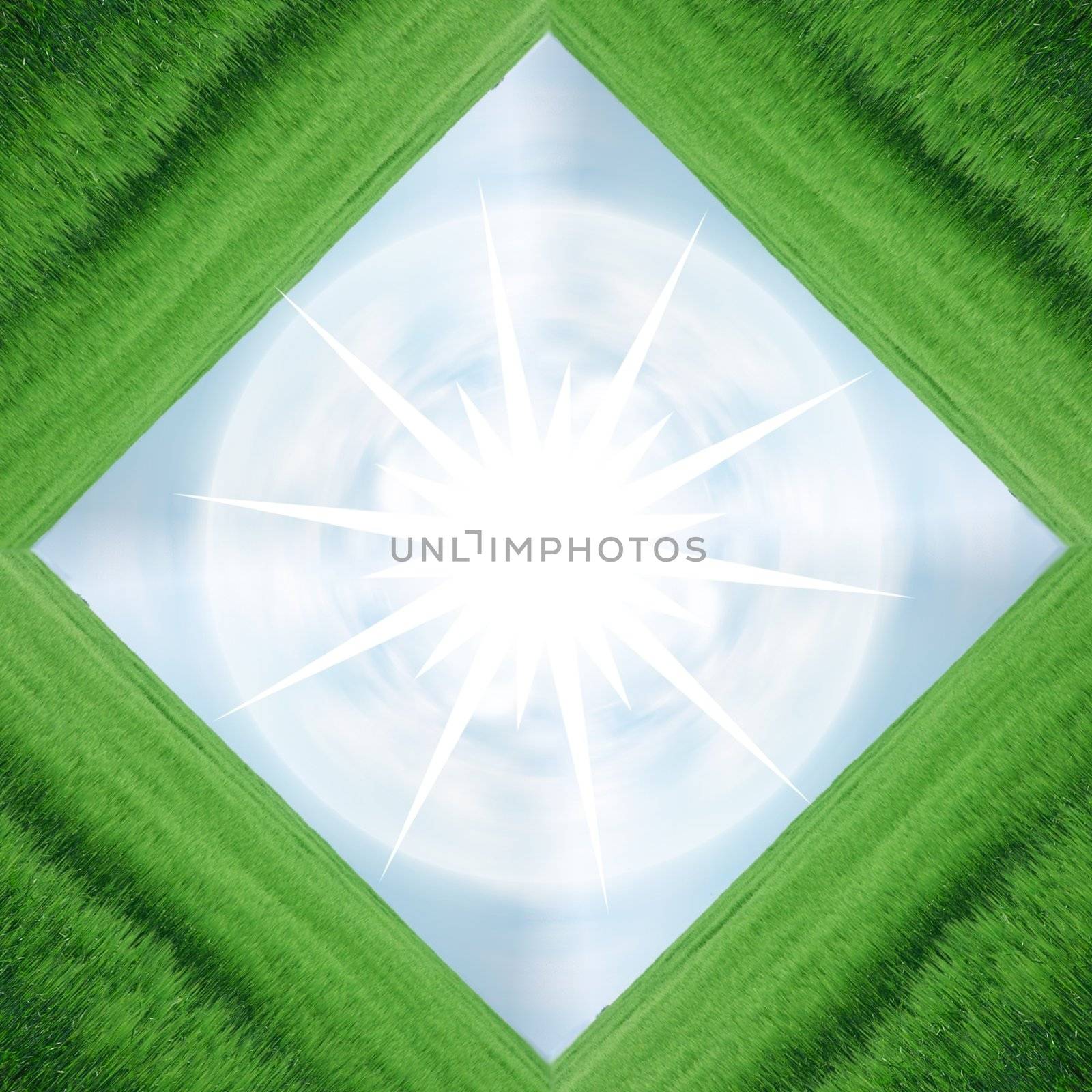 frame of green field and blue sky with white star in center, plenty of copy-space, composite