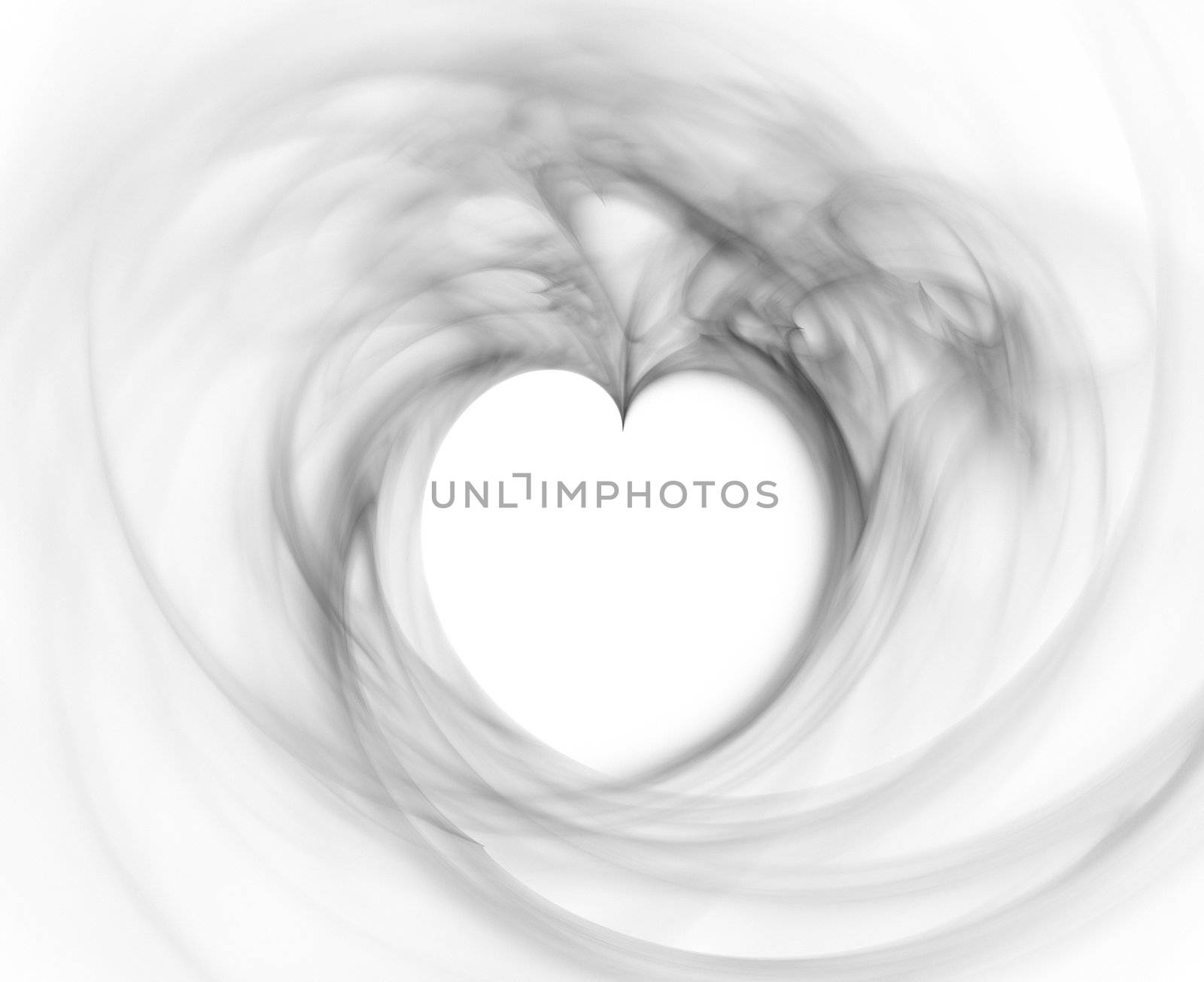 rendered flame fractal with heart shapes in grey tones, possible concepts: Sadness, depression