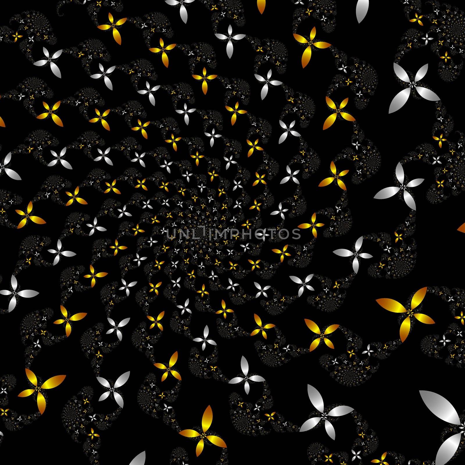many fractal flowers in gold and silver forming a spiral over black background